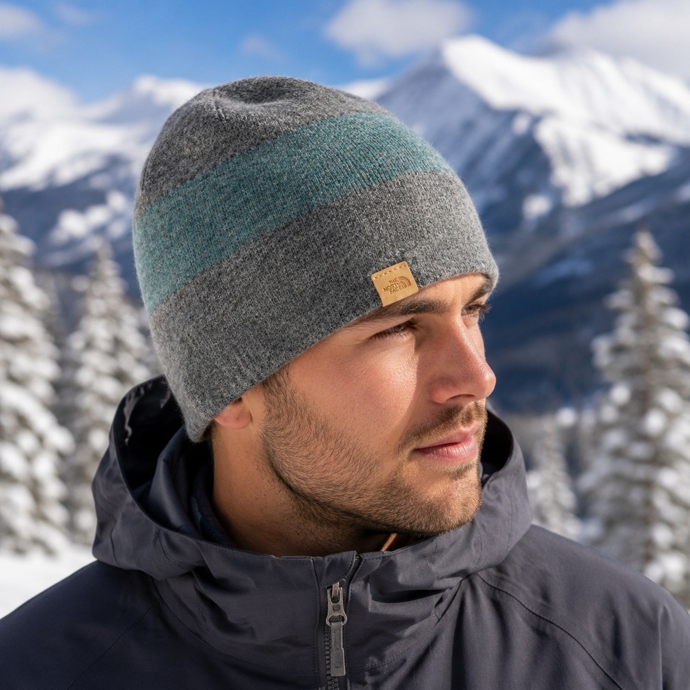 The North Face Wool Beanie Hat Gray Teal Stripe Unisex Ski Snowboard Outdoor Cap